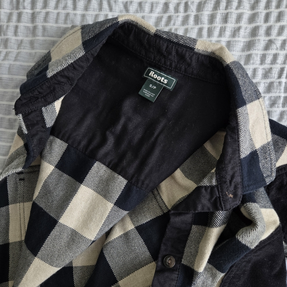 🍁 Roots Flannel Shirt Buffalo Check Plaid Ivory Black - Picture 7 of 8
